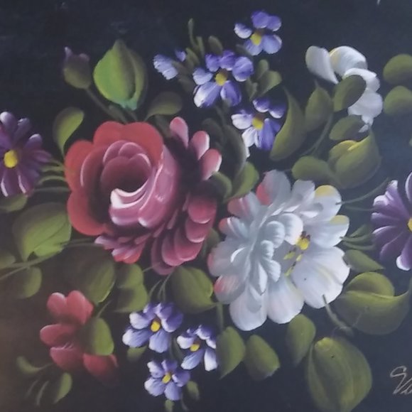 Hand-Painted Black Toleware Tray Florals pierced decorative Rim Signed Van - Picture 2 of 15